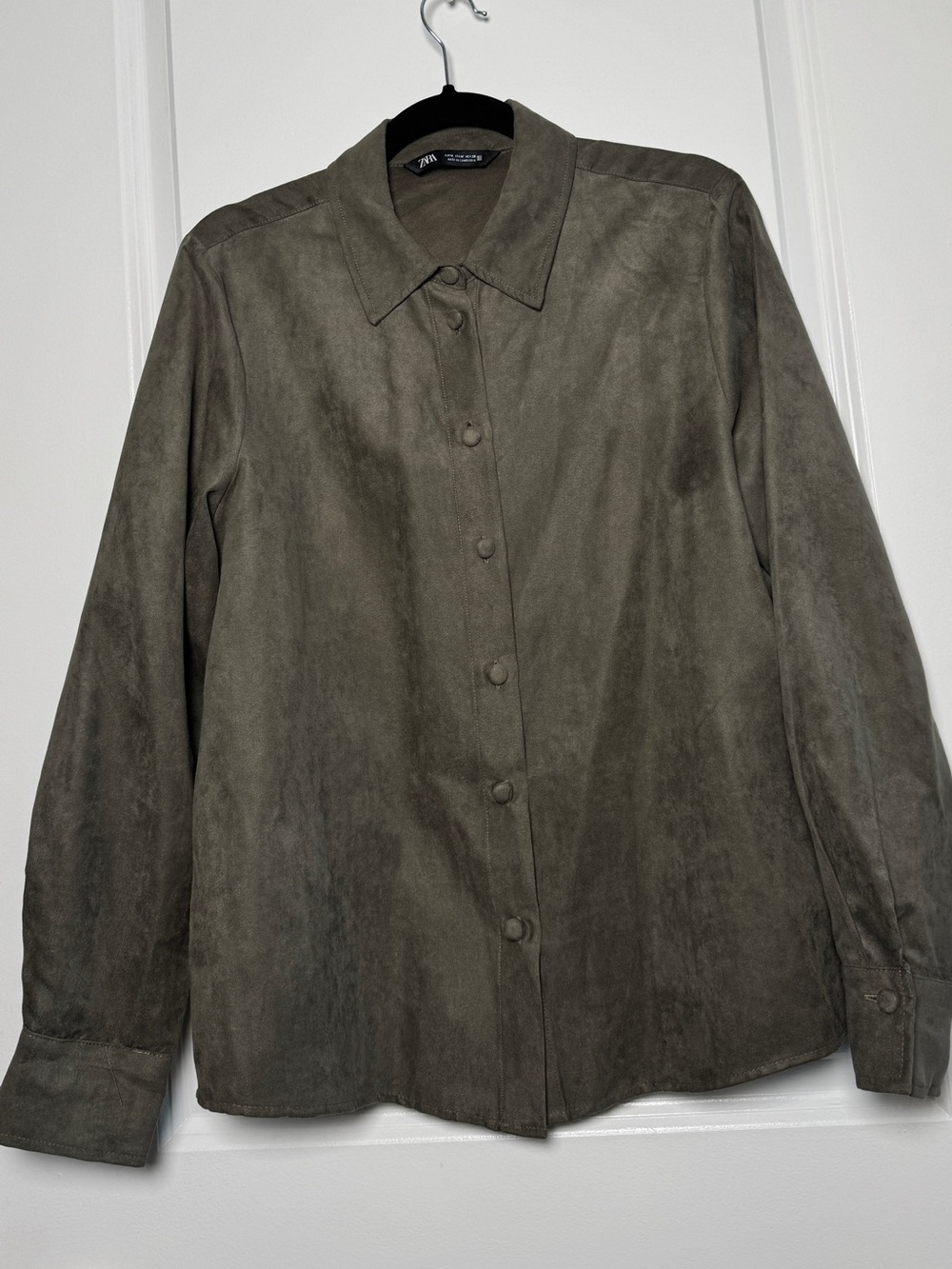 Zara Olive Green Faux Suede Button-Front Shirt Jacket
